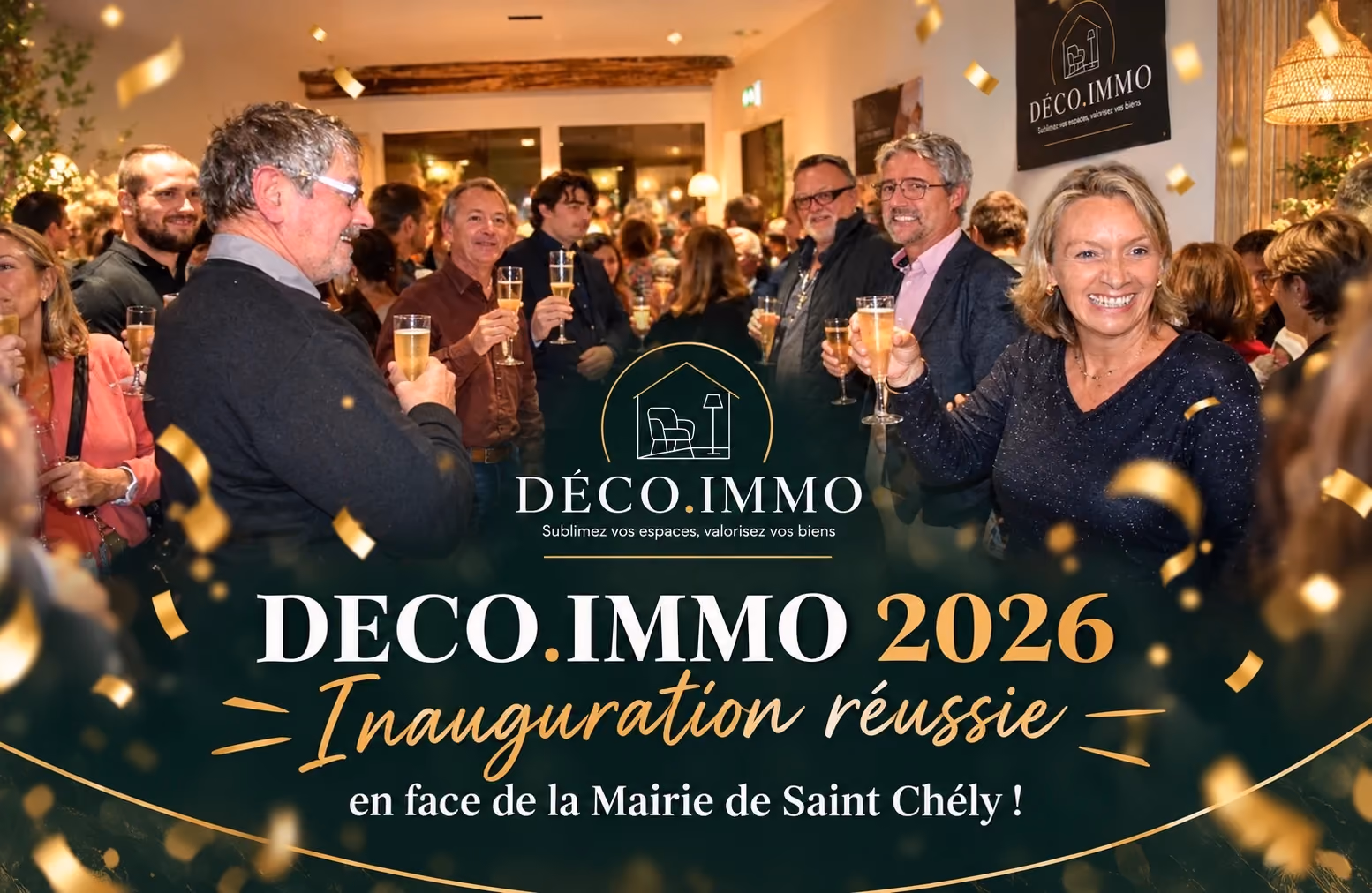 Céline et Julien Poussard et leurs invités lèvent leur verre à l’inauguration de DÉCO.IMMO, en face de la mairie de Saint-Chély-d’Apcher