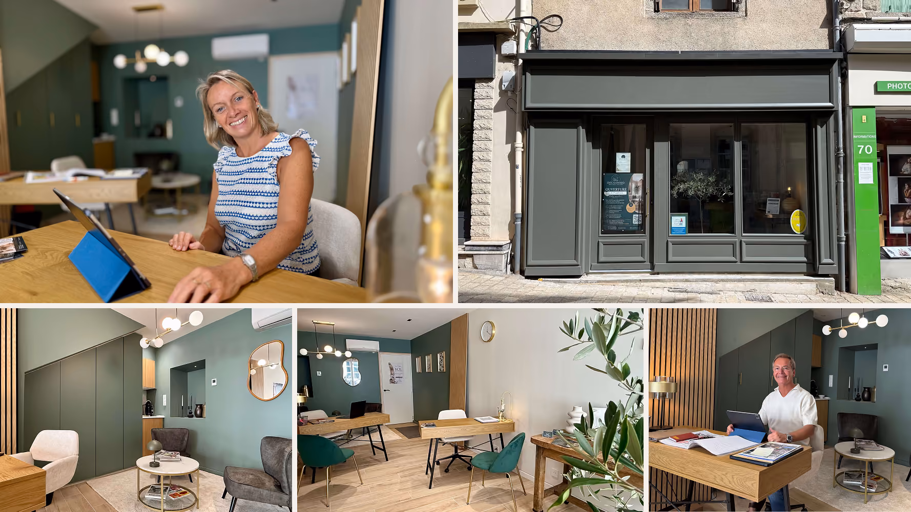 Mosaïque de photos de l'agence DÉCO.IMMO à Saint-Chély-d'Apcher, en Lozère : Céline et Julien Poussard à leur bureau, la façade et les espaces intérieurs de l'agence